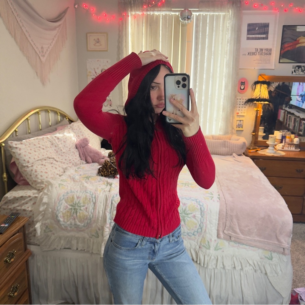 Y2K Women's Red Cable-Knit Hooded ZipUp Sweater